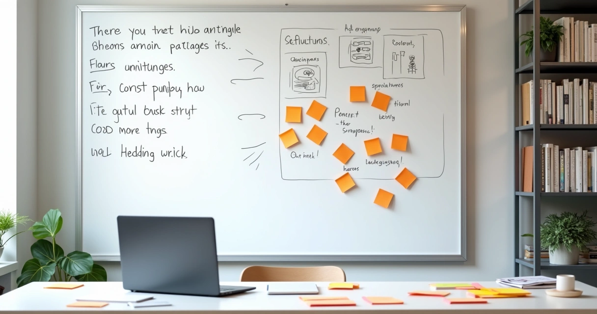 A bright office scene with a whiteboard of clear headings, organized desk, and visual aids for effective content creation.