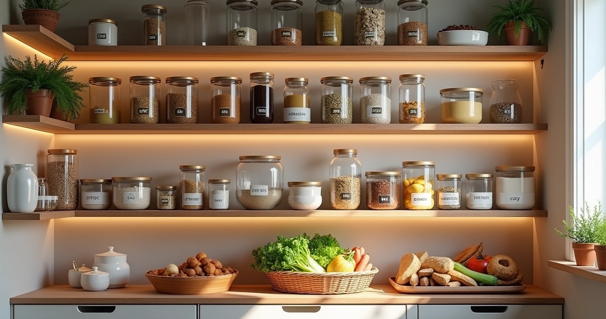 Organized modern pantry with smart shelves and clear containers 