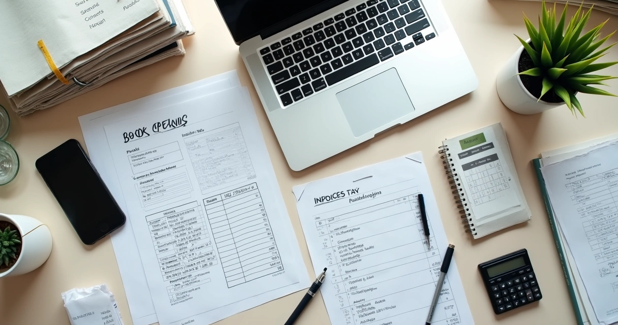 Organized desk with receipts, laptop, and folders 