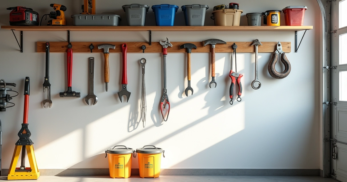 Organized wall with household tools neatly arranged on hooks and shelves 