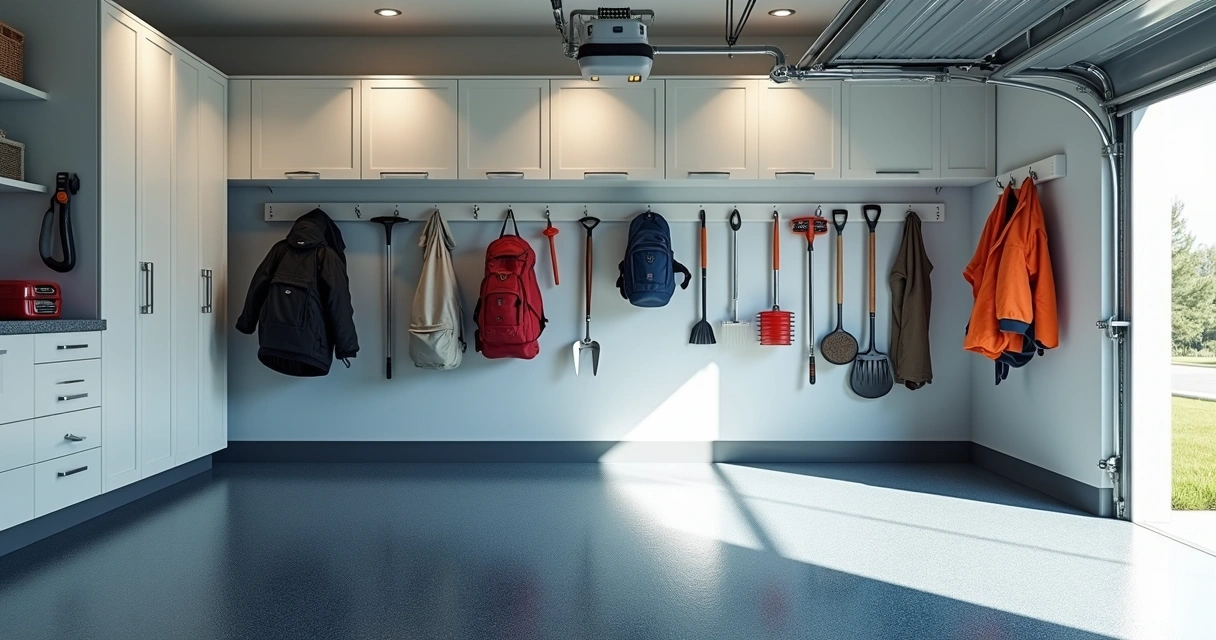 Organized wall-panel storage above epoxy garage floor in Orlando 