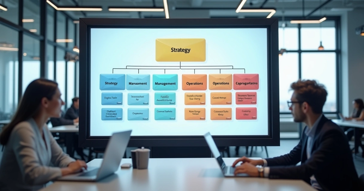 Organograma visual de agência digital com blocos claros de cargos e funções conectados hierarquicamente 