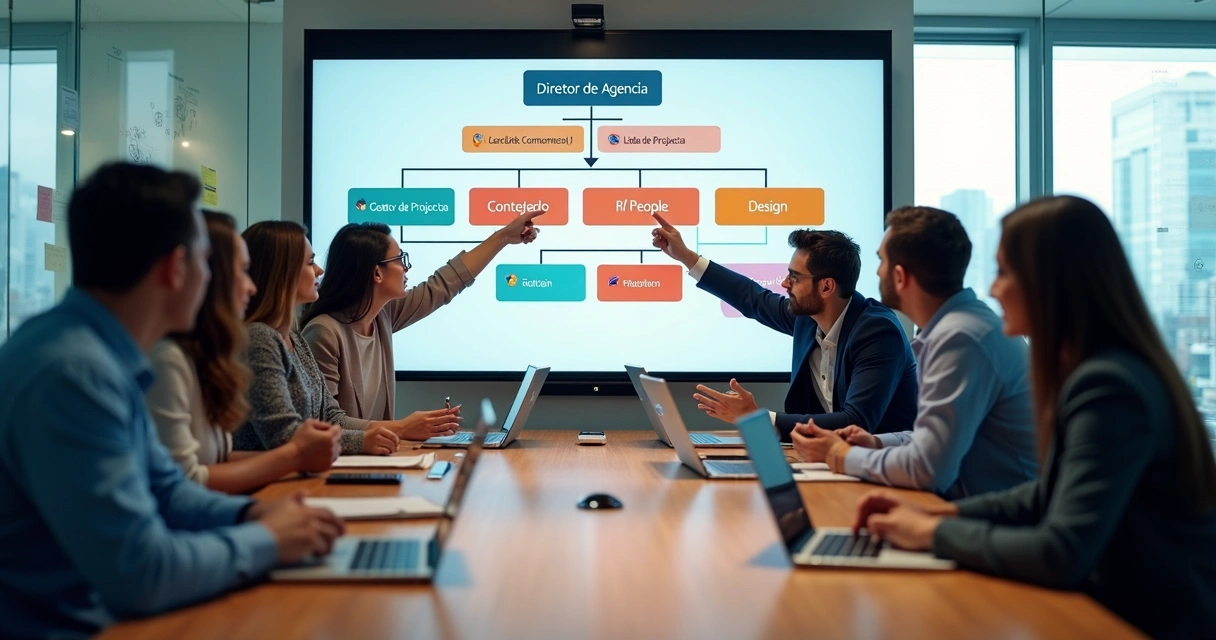 Organograma visual de equipe em agência digital moderna em sala de reunião 