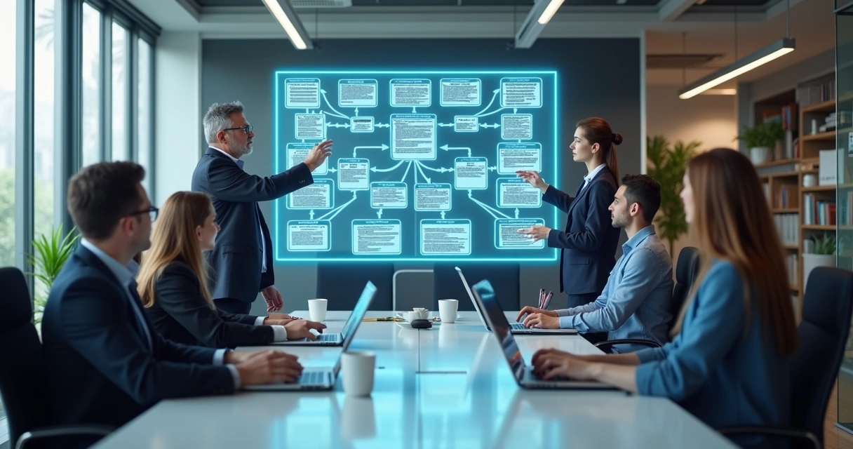 Diagrama corporativo detalhando funções e responsabilidades em ambiente de escritório moderno com colaboradores discutindo 
