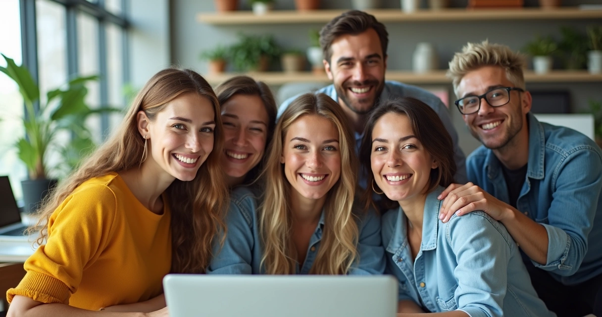 Colaboradores de diferentes áreas tirando selfie juntos em ambiente de empresa moderna 