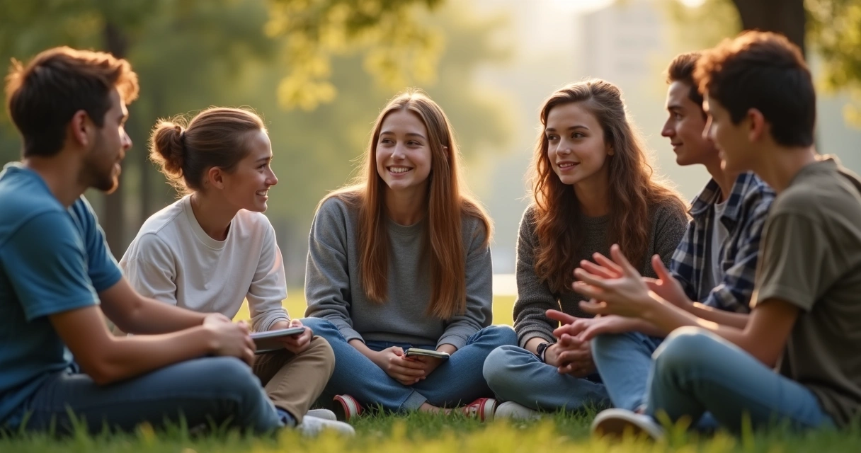 Adulto orientando grupo de adolescentes em conversa reflexiva ao ar livre 