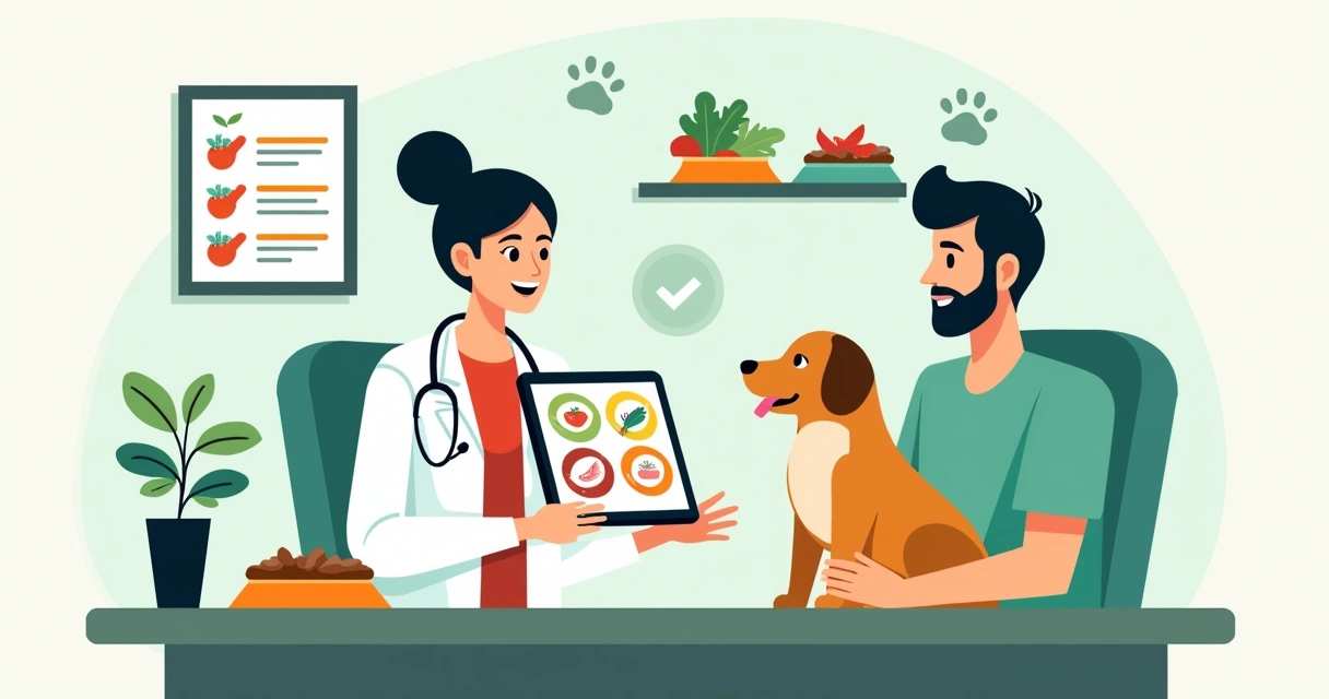 Veterinário orientando tutor sobre alimentação natural para pet em consulta 