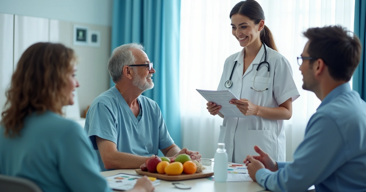 Nutricionista orientando paciente e família sobre alimentação após alta hospitalar 