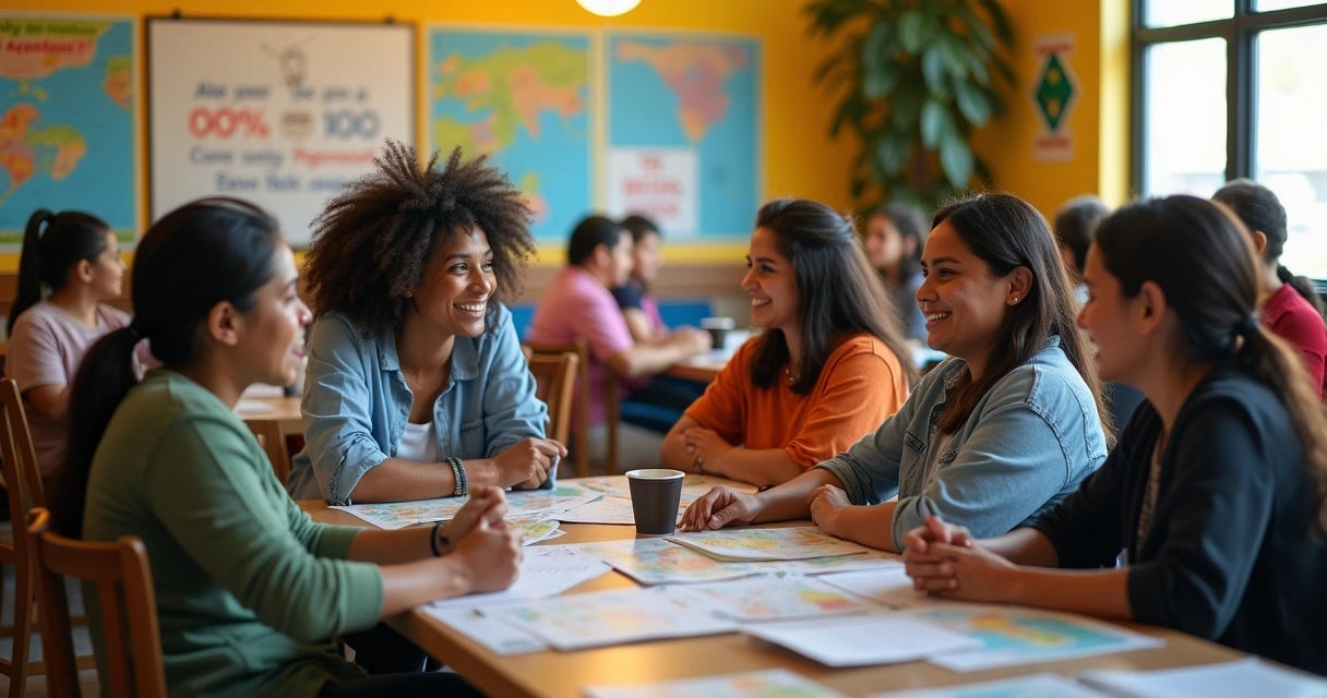 Sala com voluntários de diferentes idades orientando um grupo de imigrantes brasileiros, mesas com panfletos e mapas da Flórida 