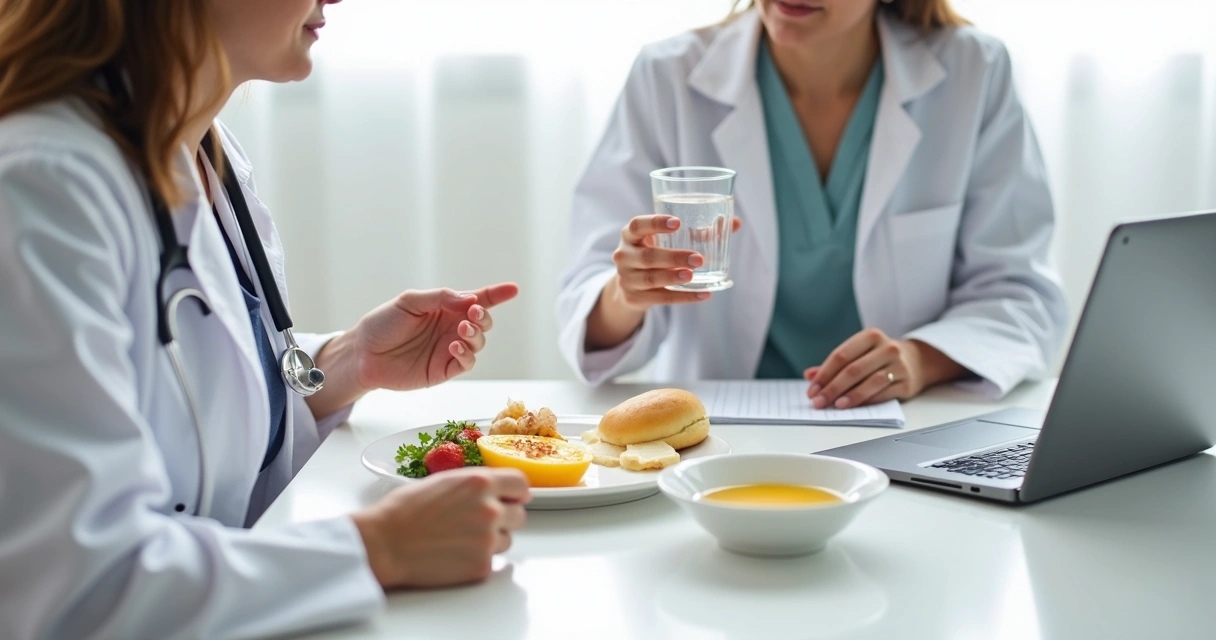Paciente sentado à mesa com copo de água e sopas em tigelas, sendo orientado por nutricionista 