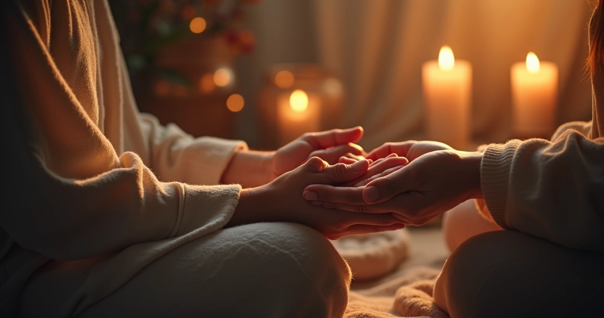 Casal sereno e unido recebendo orientação espiritual em ambiente iluminado
