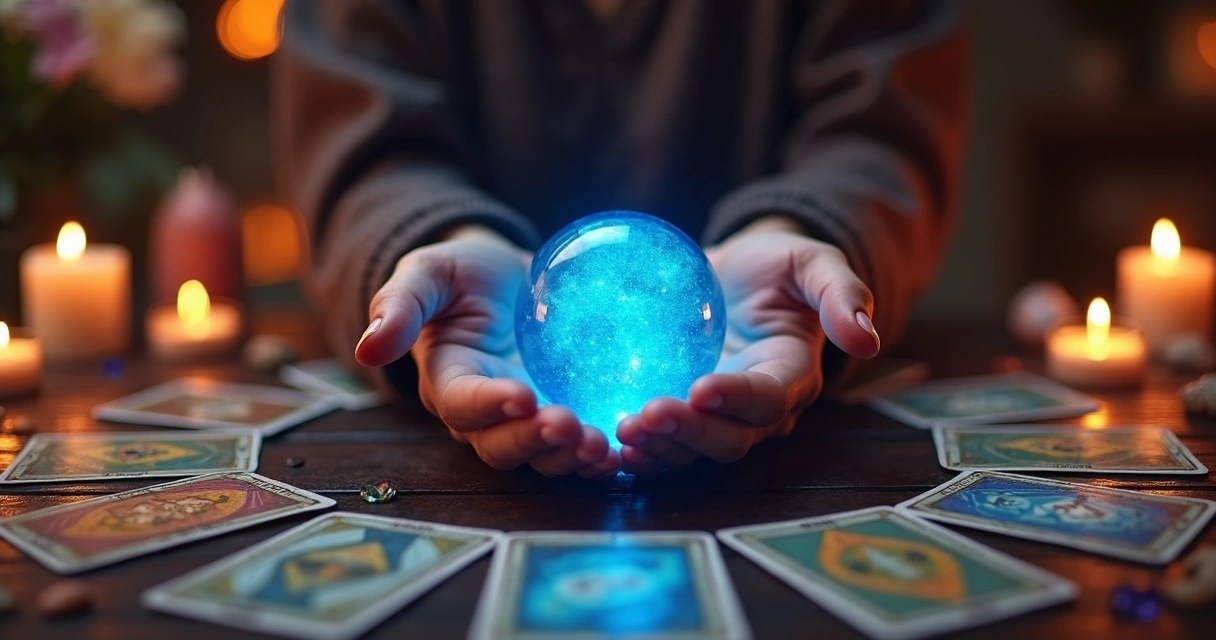 Mãos femininas segurando uma bola de cristal que emite luz azul suave, cercada por cartas de tarô dispostas em círculo sobre uma mesa de madeira escura. 