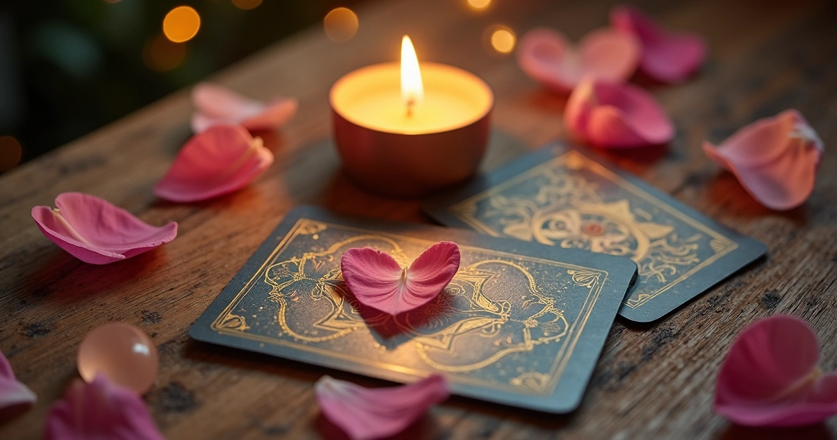 Mesa com cartas de tarot, flores e uma vela acesa, usada para orientação espiritual em relacionamentos 