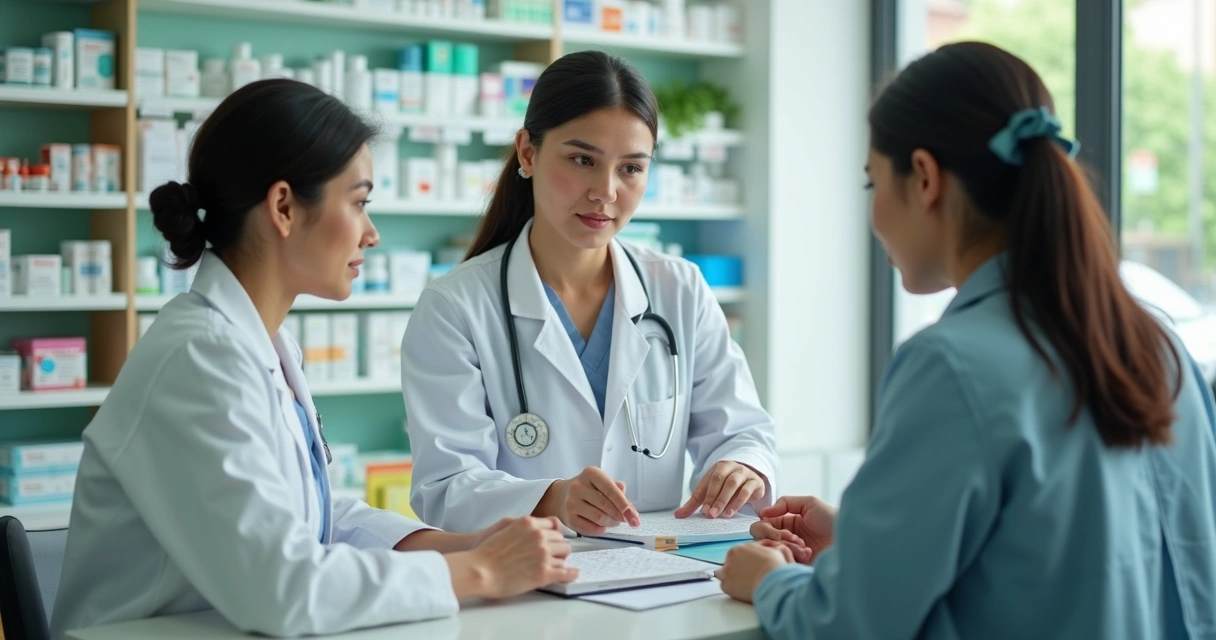 Farmacêutico orientando cliente no balcão da farmácia 