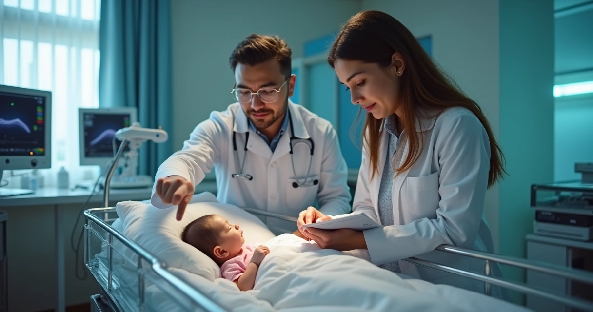 Médico e mãe conversando ao lado de um recém-nascido em berço hospitalar 