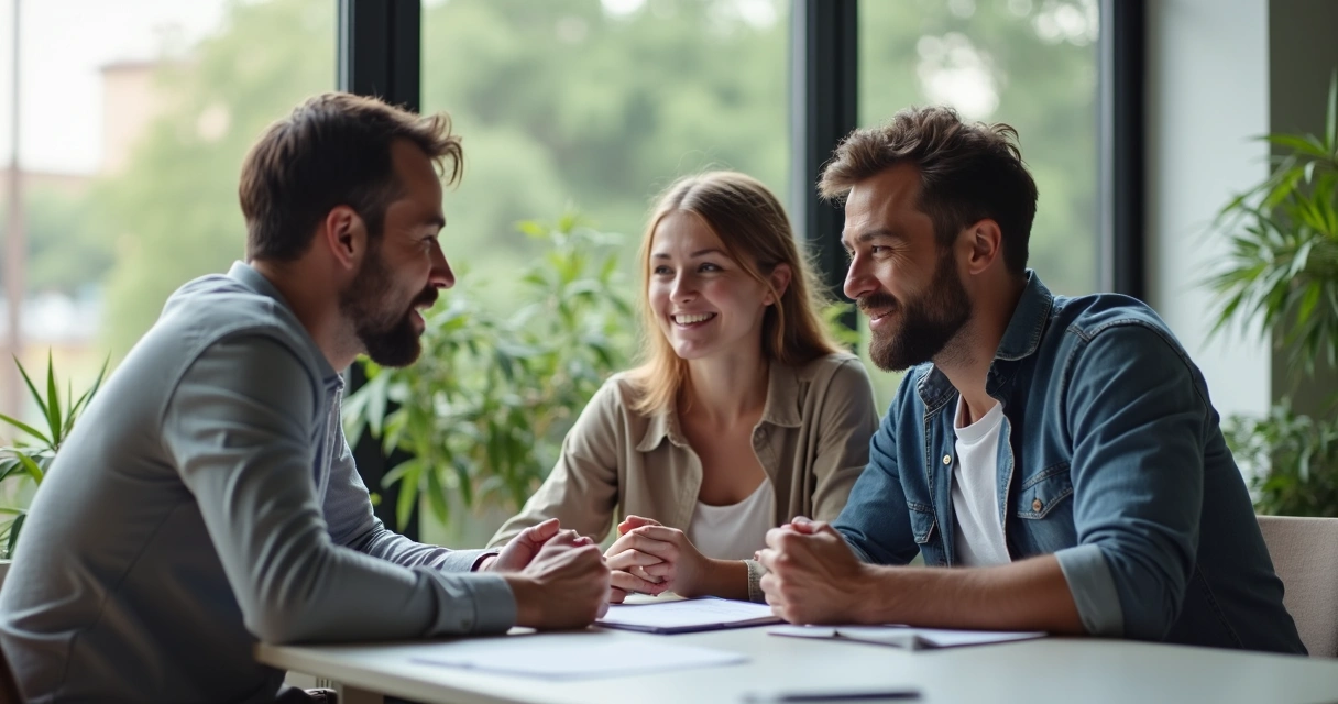 Mentor orientando casal em sessão sobre educação financeira 