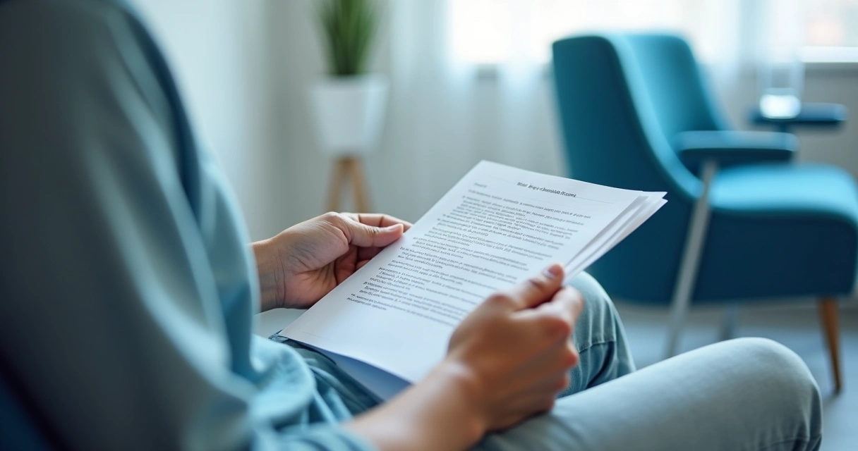 Paciente lendo orientações médicas após consulta 