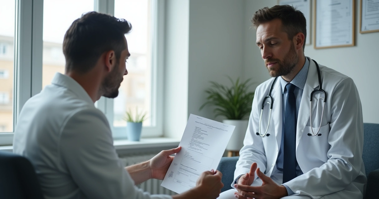 Médico conversando com paciente sobre orientações de aumento peniano em consultório