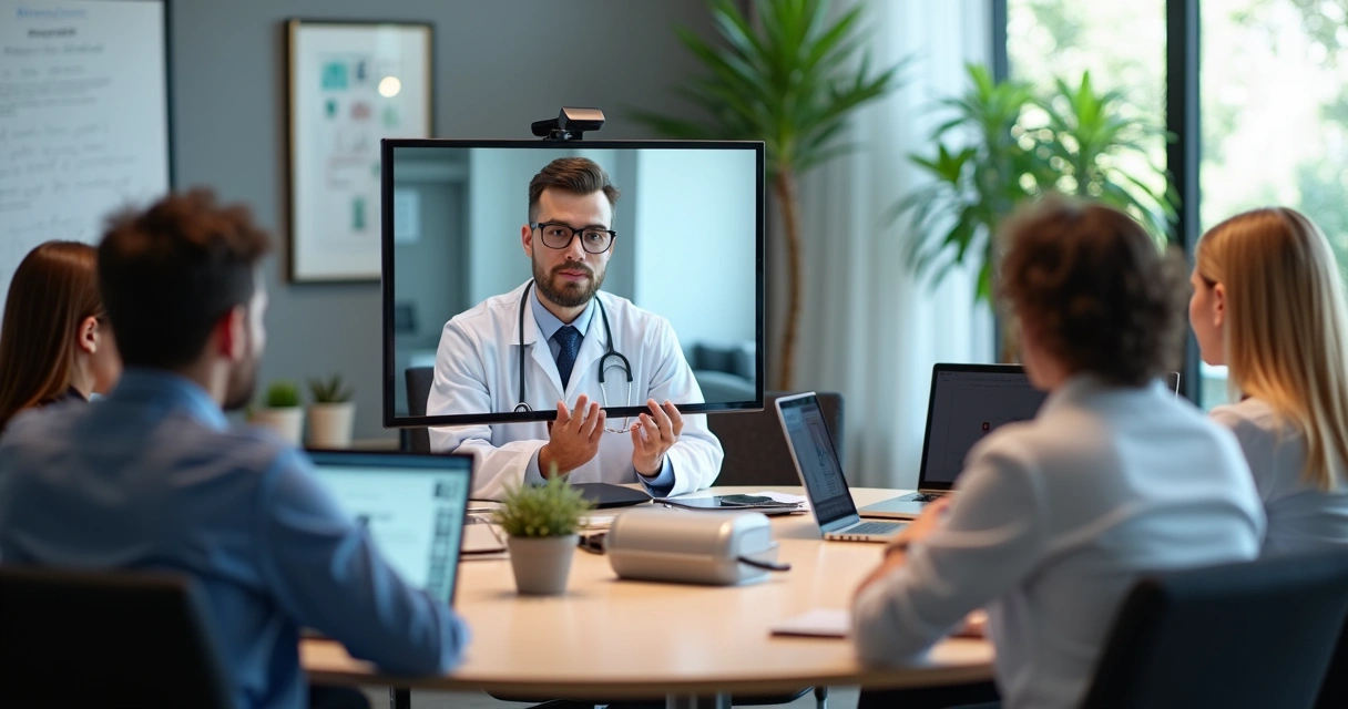 Profissional da saúde em videoconferência orientando equipe 