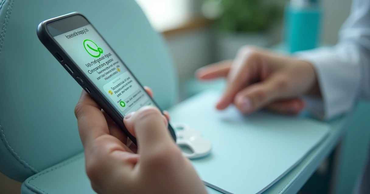 WhatsApp exibindo mensagem com orientações de procedimento, notebook ao fundo 