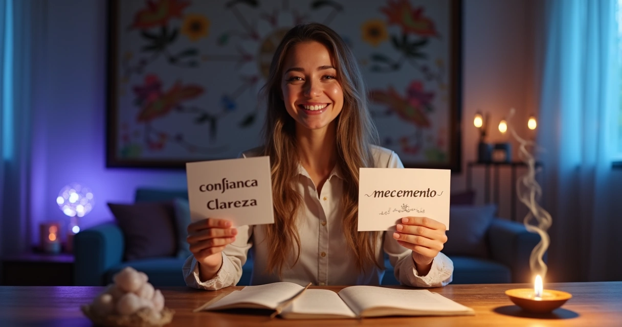 Consultora espiritual sorridente apontando para cartões com palavras positivas e símbolos místicos