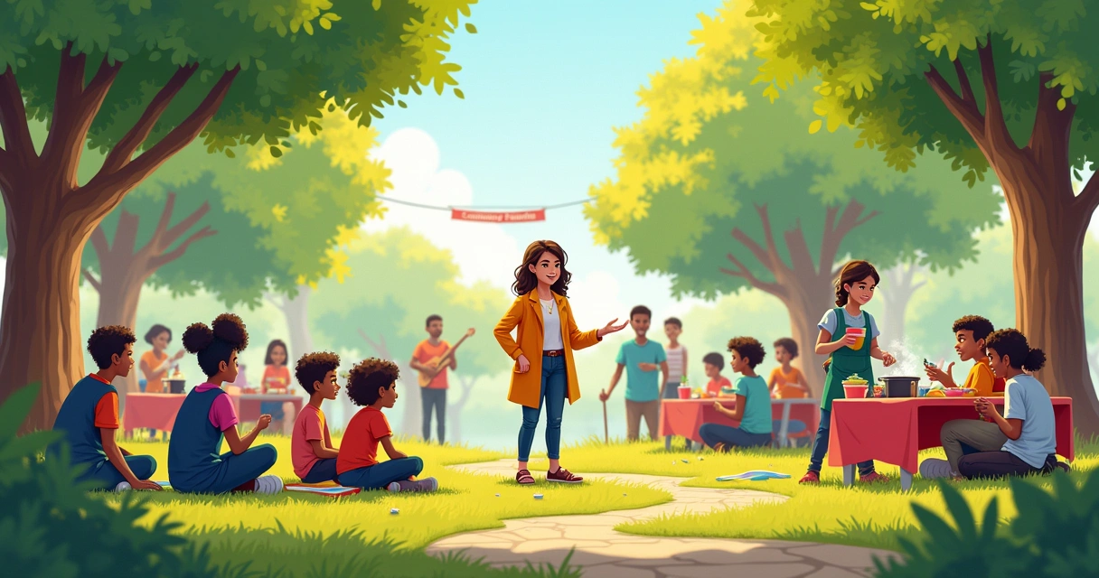 Ilustração de um orientador social interagindo em um parque com vários grupos comunitários e oficinas
