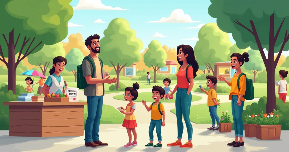 Trabalhador social ajudando uma família em um parque, com recursos comunitários ao redor.