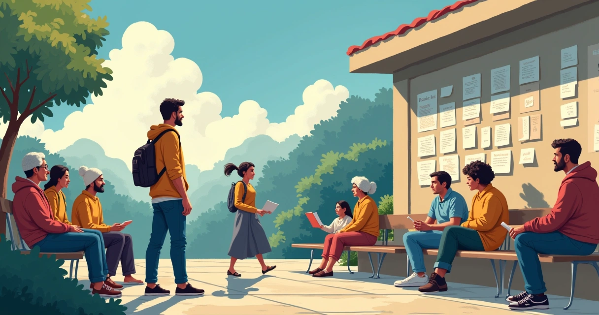 Orientador social em praça comunitária com grupo de pessoas enfrentando desafios emocionais e sociais.