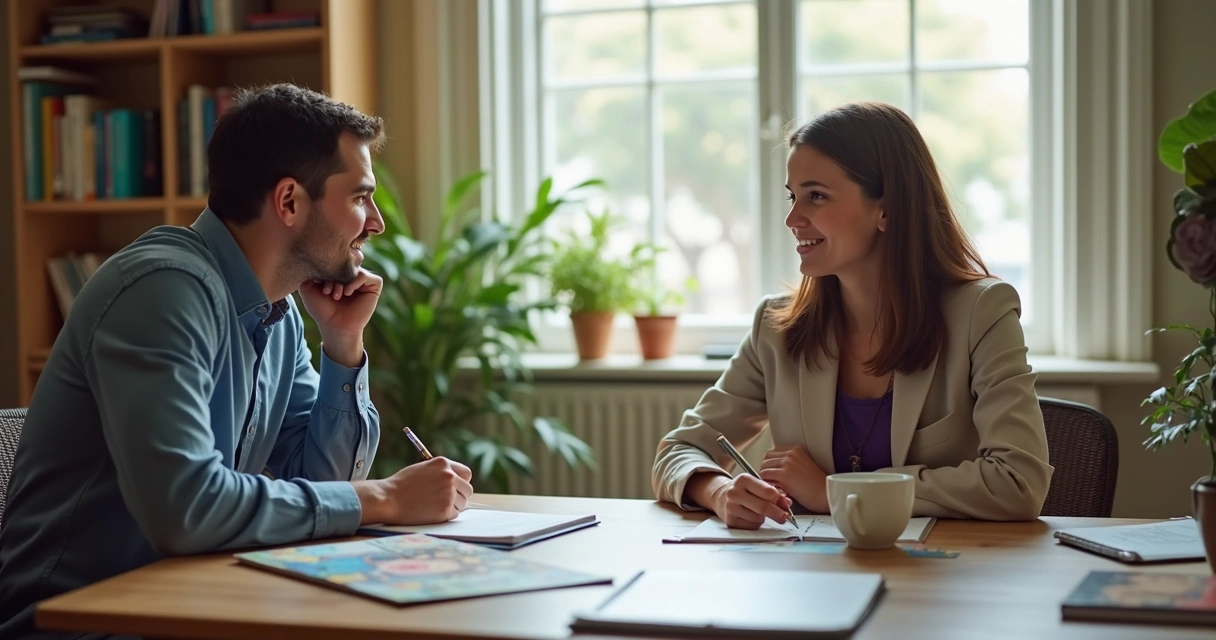 Orientador vocacional conversando com jovem estudante em ambiente acolhedor