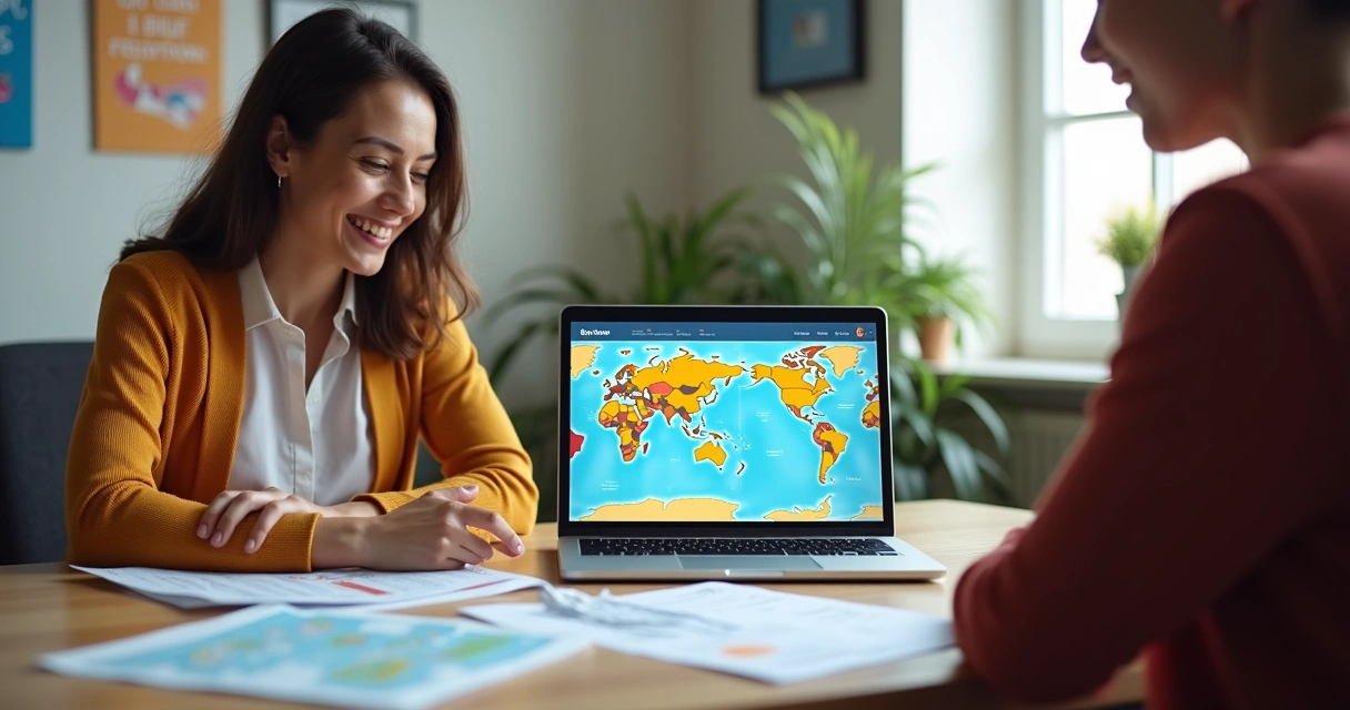 Orientadora conversando com estudante sobre universidades em computador