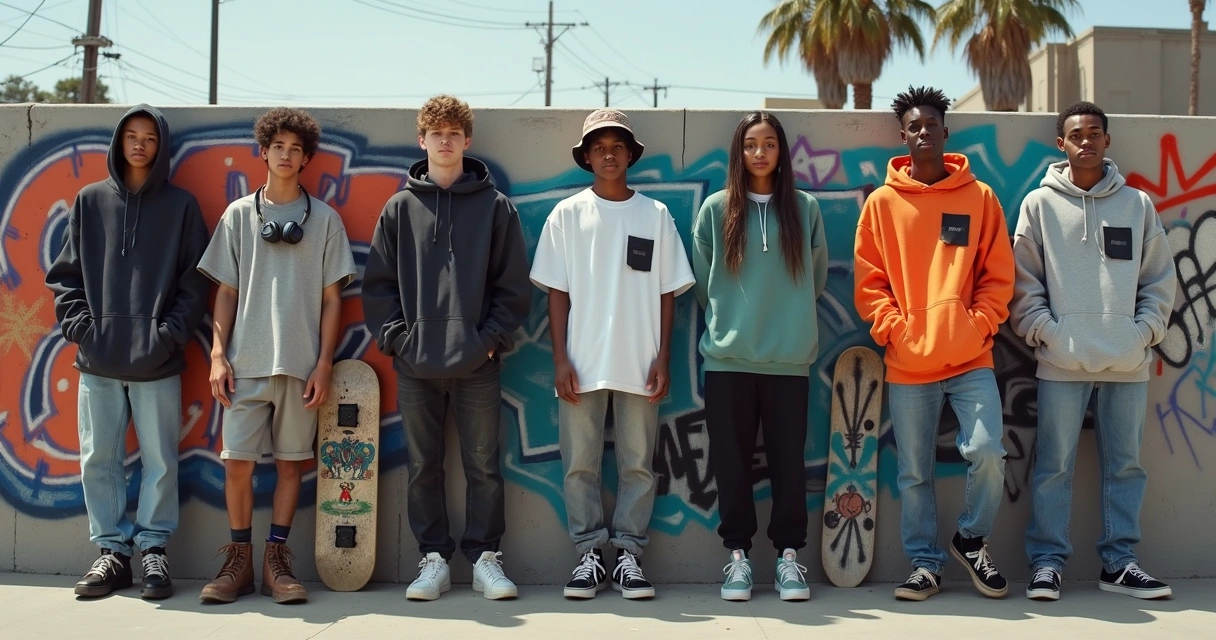 Jovens usando roupas urbanas em um ambiente de skate e música 