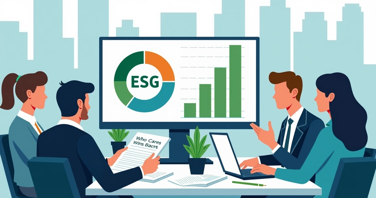 Ilustração de um escritório com relatórios e computadores, pessoas analisando dados e gráfico ESG na tela.