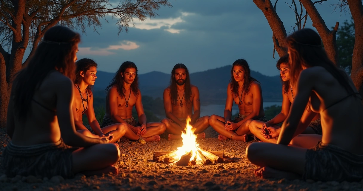 Representação artística de um grupo de pessoas antigas em torno de uma fogueira, observando um estranho ao longe. 