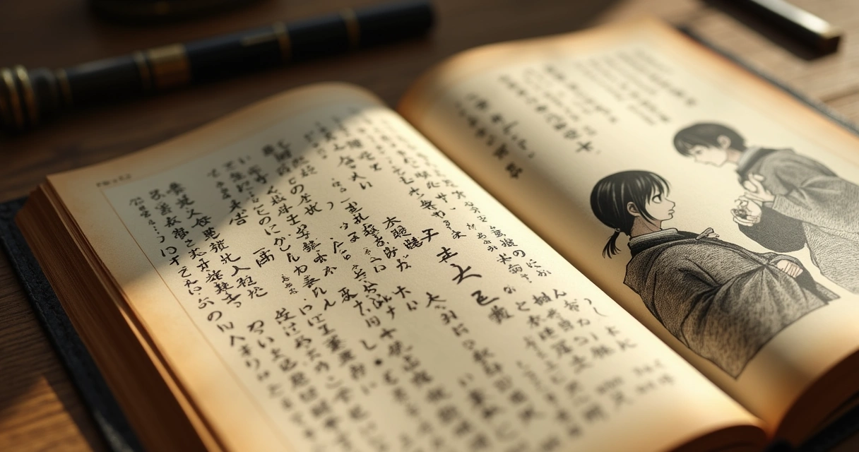 Desenho de mangás antigos em páginas amareladas 