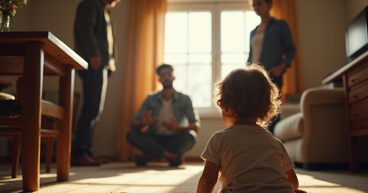 Niño sentado bajo la mesa, observando a adultos discutiendo de pie 