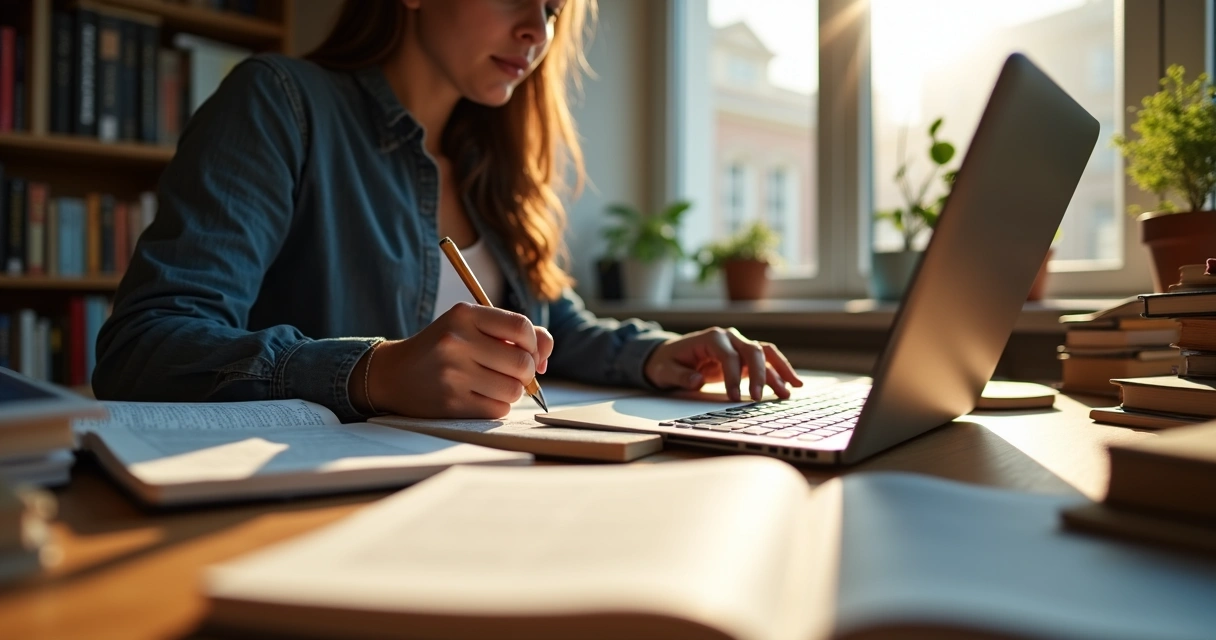 Mesa de estudante universitário revisando texto e consultando livros 