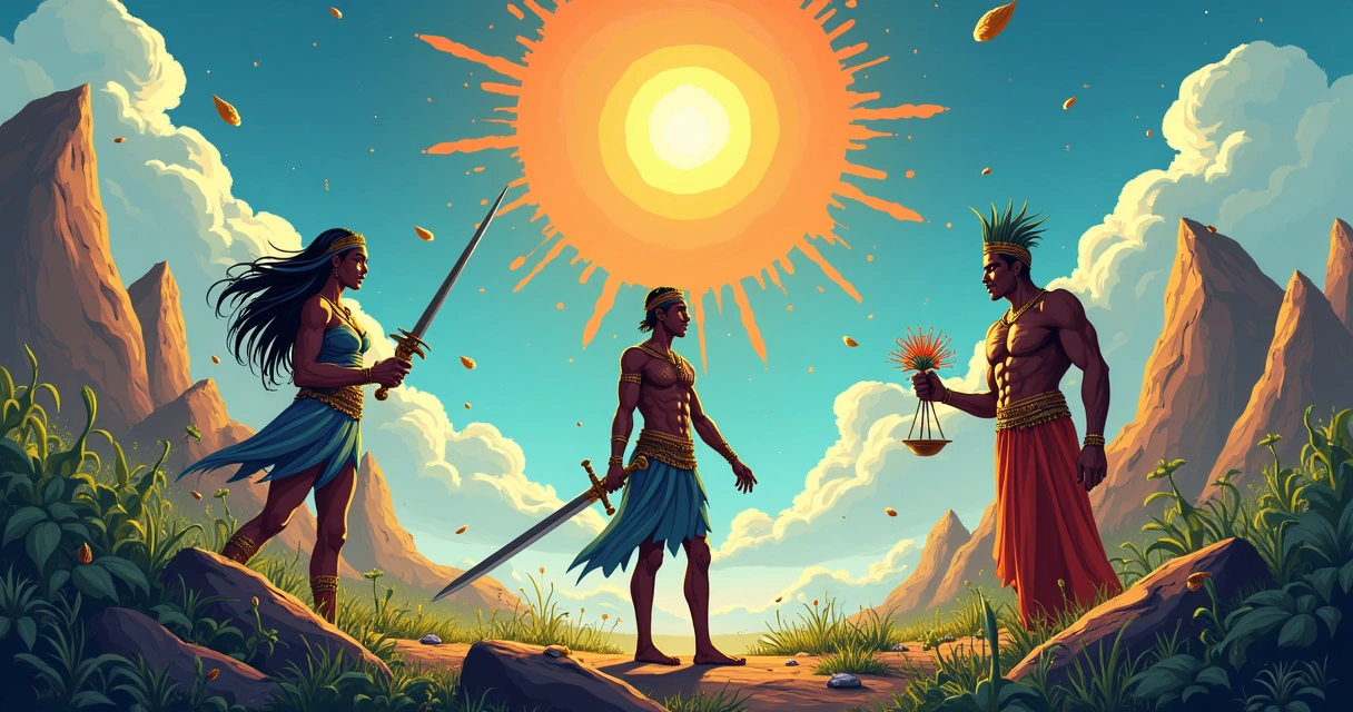 Ilustração dos orixás Ogum, Iemanjá e Xangô, destacando suas características e elementos da natureza.