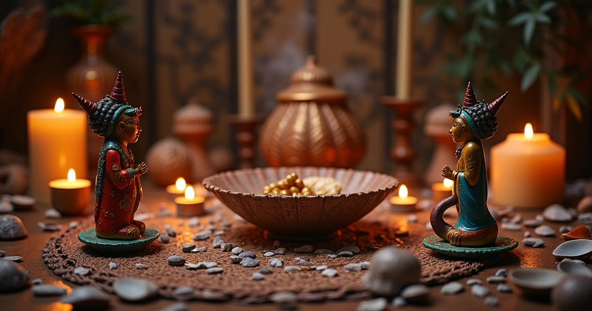 Mesa espiritual com búzios, velas e imagens de orixás 