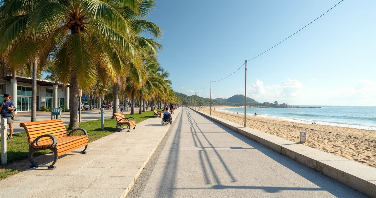 Calçadão acessível na orla de Ilhéus com bancos e rampa