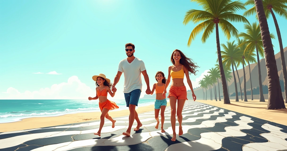 Família caminhando pelo calçadão de Copacabana 