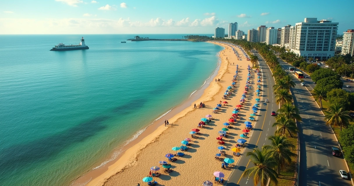 Vista aérea da orla de Maceió com mar azul, coqueiros e calçadão movimentado 