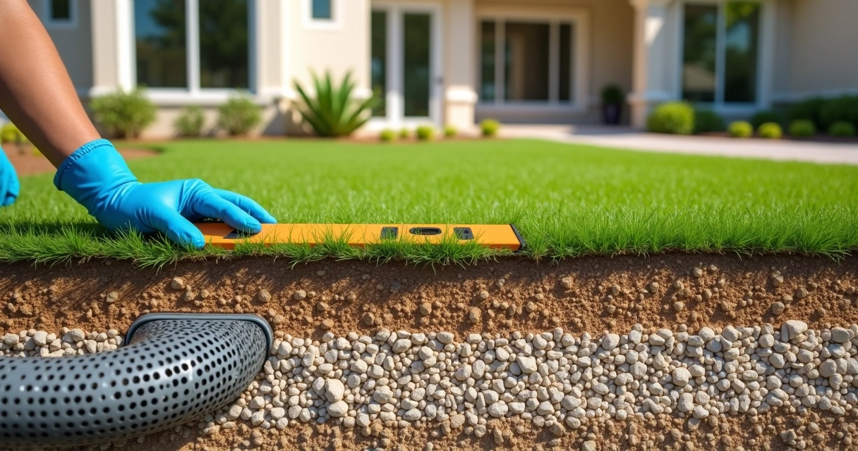 Cross-section of artificial turf installation with proper drainage in a Florida backyard 