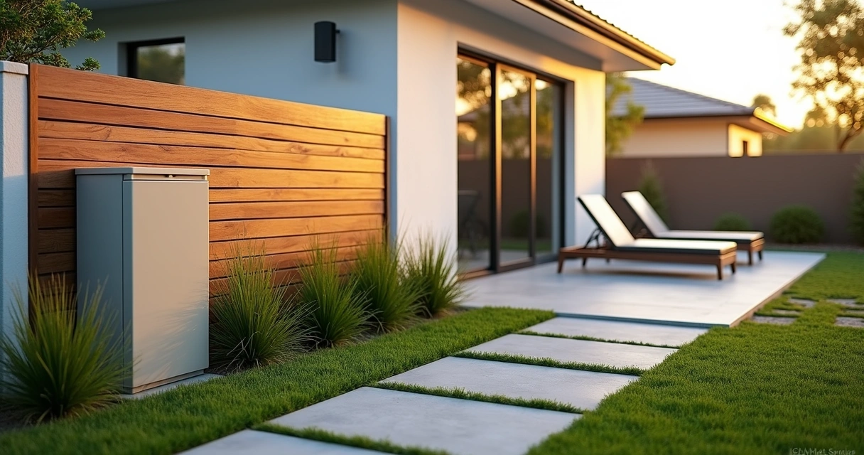 Modern Orlando backyard with utility box hidden behind plants and a small screen wall 
