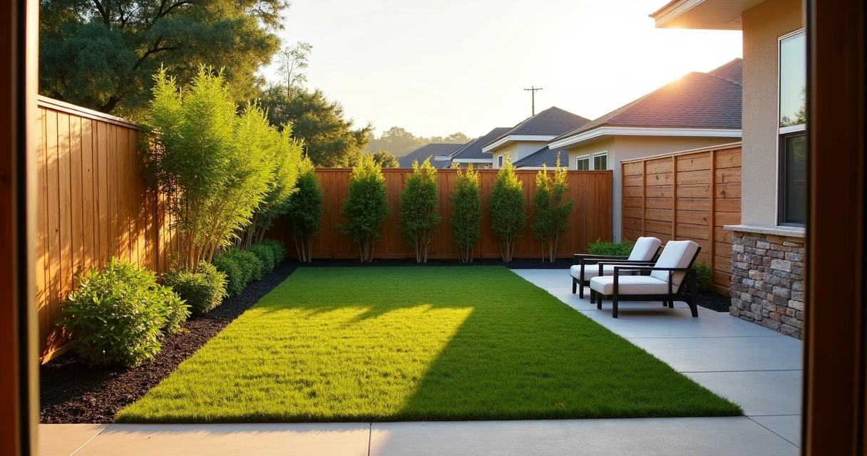Central Florida backyard with tall privacy fence and dense landscaping for noise control 