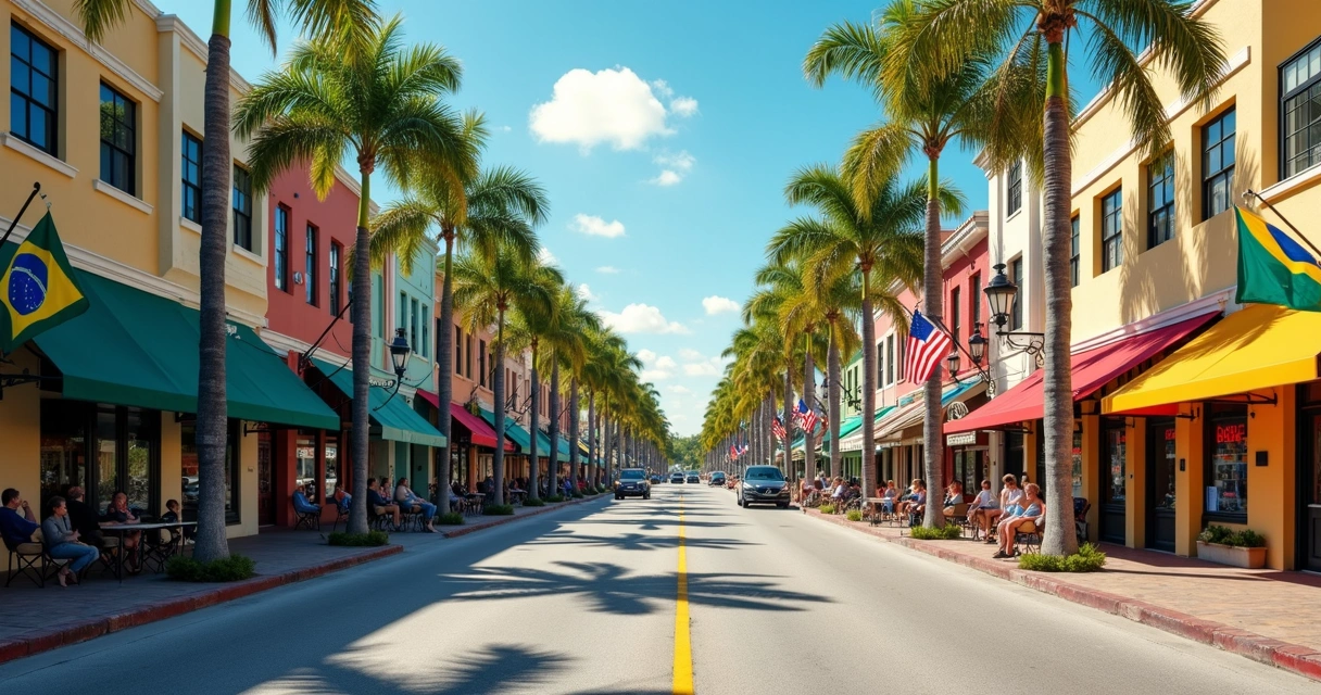 Rua movimentada em Orlando com lojas e presença de brasileiros