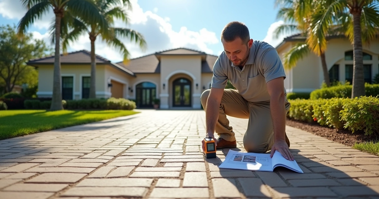 Contractor inspecting clean paver driveway in Orlando neighborhood 