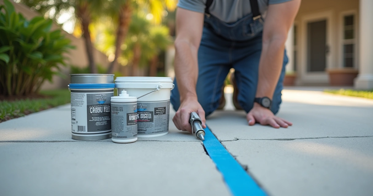Worker applying concrete crack filler to residential patio in Orlando 