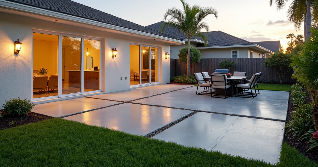 New concrete patio in Orlando showing multiple decorative finishes and outdoor seating 