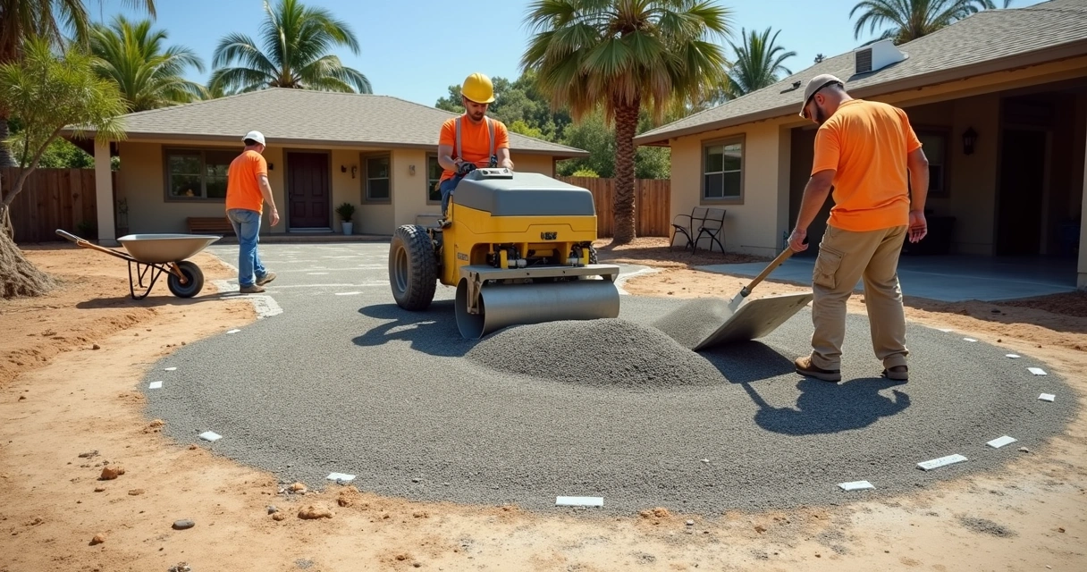 Construction workers preparing ground with crushed stone and compactor for a driveway in Orlando 