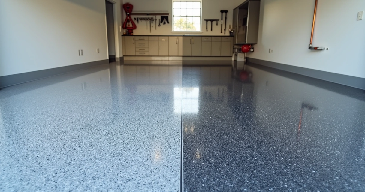 Orlando garage floor showing metallic epoxy beside color chip epoxy section 